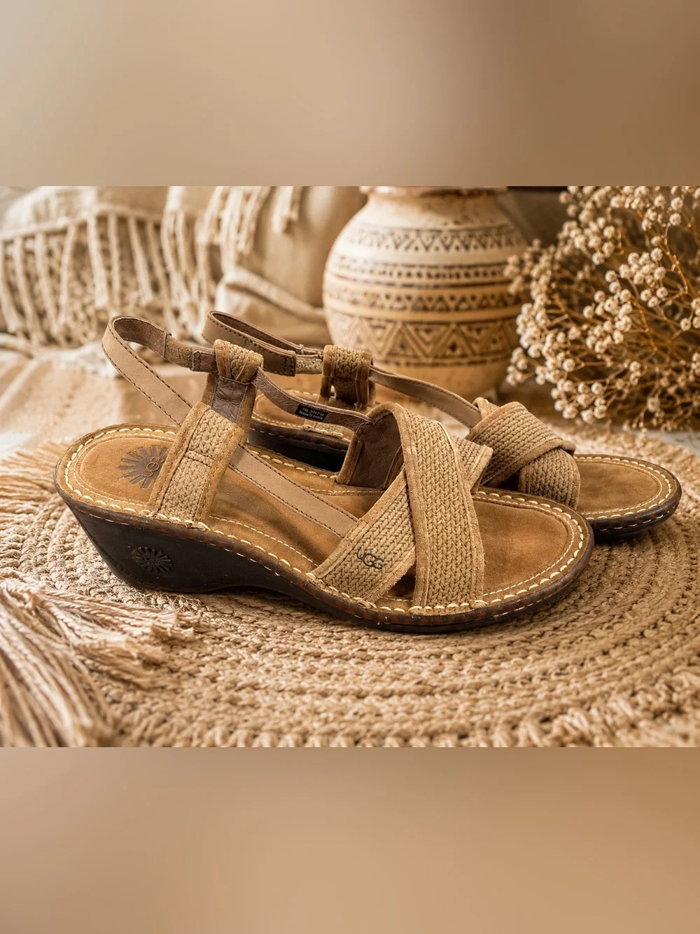 UGG Women's Tan Braided Wedge Slingback Sandals